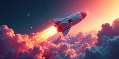 Fototapeta premium Retro-futuristic rocket blasting off into sky, space, spaceship