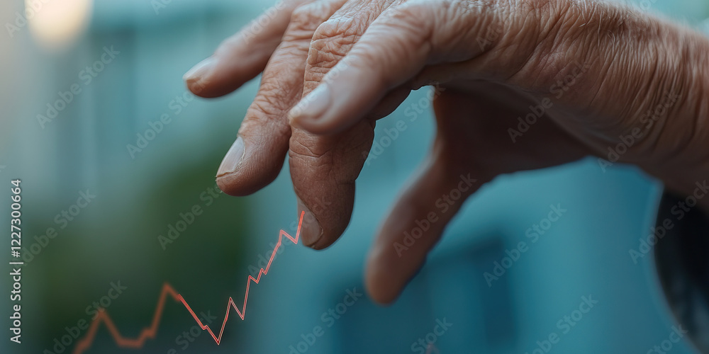 Poster elderly hand interacting with line graph on digital interface