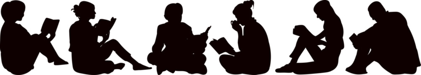 people reading books black silhouette vector