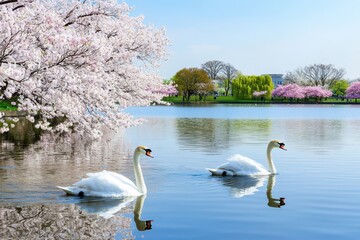 Swan Pair on a Lake A pair of swans gliding gracefully across a lake surrounded by blooming trees.