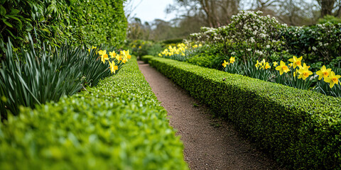 Obraz premium Garden Path with Daffodils and Boxwood Hedges