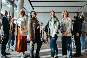 Confident group of diverse professionals attending a seminar in a modern conference setting with...