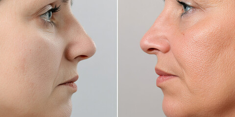 Obraz premium Before and After Facial Cosmetic Procedure: Skin Texture and Lip Enhancement
