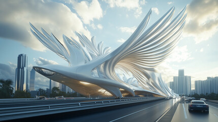 Futuristic Minimal Architecture Design with Geometric Shapes and Surreal Landscape A modern cultural center with open and flexible design.