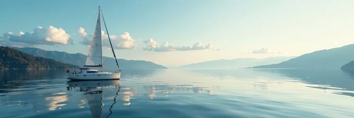 Sailing vessel floats on the surface of a serene lake, sky, stillness, boat