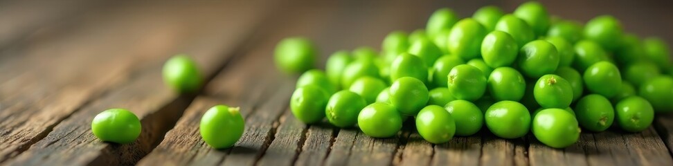 Fresh green peas scattered on a rustic wooden table, vegetables, natural, gardening
