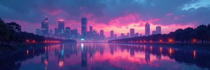 Obraz premium Futuristic cityscape at dusk with neon lights reflecting on a serene lake, lake, futuristic, neon lights