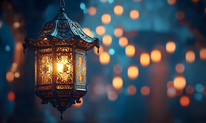 Traditional ornate oriental lantern with beautiful bokeh light background. The first day of the month of Muharram. muslim, tradition, religion.