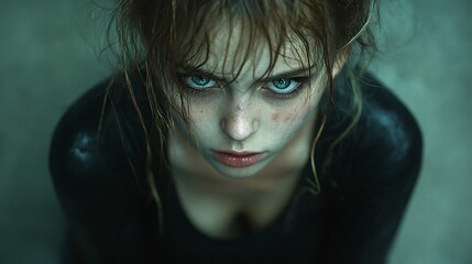 A young woman with piercing blue eyes and a fierce expression stares intensely. Her wet, disheveled hair and moody lighting add a raw, cinematic feel, evoking emotions of defiance and resilience