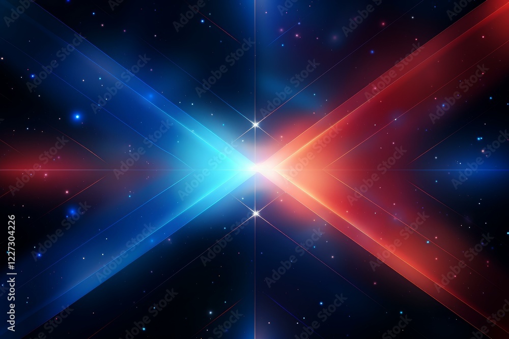 Poster red and blue beams of light are crossing in the middle of a deep space background full of stars, cre