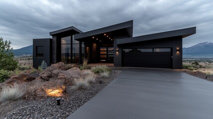 Modern black house, mountain view, dusk, landscaping, real estate listing