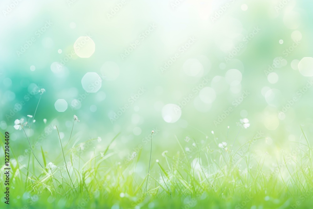 Poster green grass and flowers growing in a sunny field with bokeh and soft light creating a peaceful and s