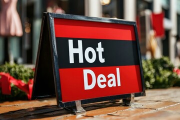 Exciting hot deal sign in urban shopping area retail promotion daytime