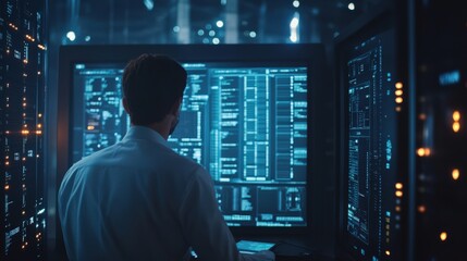 A man is sitting in front of a computer monitor with a blue screen