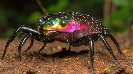 Fototapeta premium Iridescent beetle on forest floor, close-up. Stock photo for nature guides