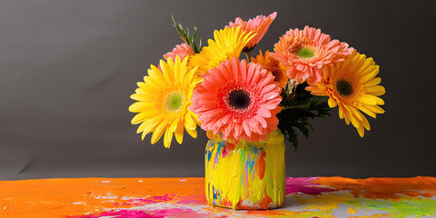 Gerbera Daisies in Hand-Painted Jar on Multicolored Surface