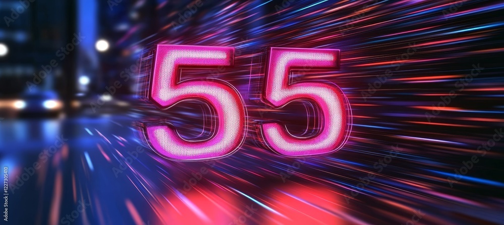 Poster glowing digital number 55 in futuristic style with blur motion on abstract background