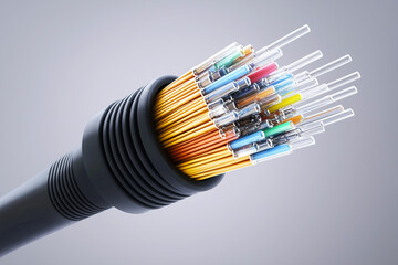 A close-up view of a high-tech fiber optic cable, showcasing its colorful strands and sleek design.