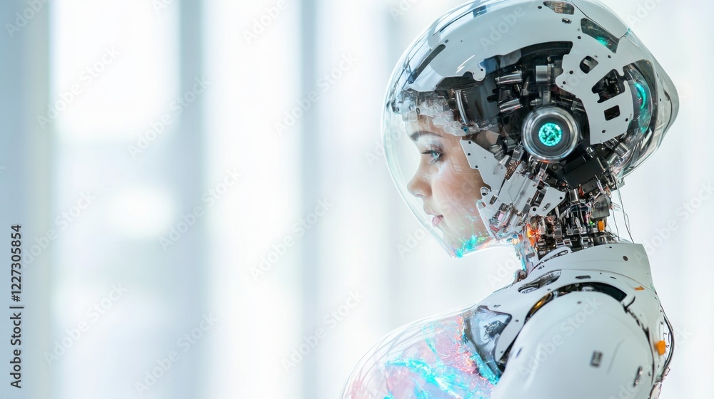 Poster in a futuristic setting, a humanoid robot with intricate technology symbolizes the advancements in p