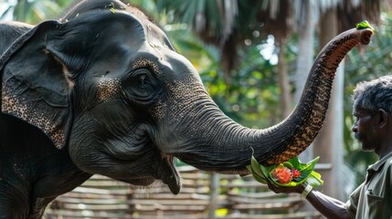 Obraz premium Elephant gets a treat from a human, a scene of friendship and care. Suitable for materials about animal protection, ecotourism and zoos.