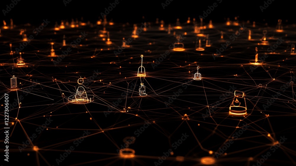 Poster abstract network of glowing shapes connected by lines on a dark background