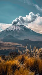 Fototapeta premium Image of a volcano with smoke rising from the top, on the background of a mountain landscape. Suitable for articles about nature, geology and travelling.