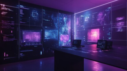 A room with a black desk and a computer monitor