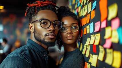 Obraz premium Young Couple Brainstorming Ideas Together On Sticky Notes