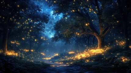 Enchanting Forest Scene with Fireflies Glowing Under a Starry Night Sky Creating a Magical Atmosphere in Nature
