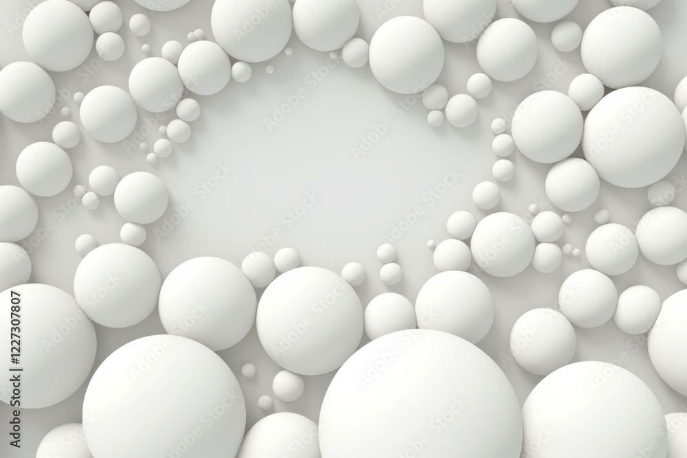 Poster abstract composition of white spheres creating a frame on a white background, providing copy space i