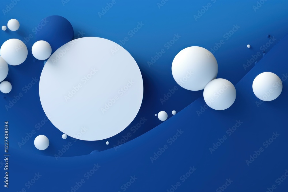 Poster abstract minimal composition with white spheres and circles floating over a blue wavy background, cr