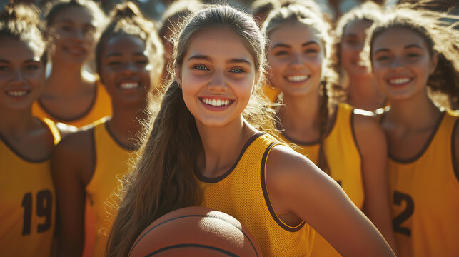 Female basketball team posing confidently in gym, holding basketball and smiling. Teamwork, sports, women, athletics, confidence, competition. National Girls and Women in Sports day
