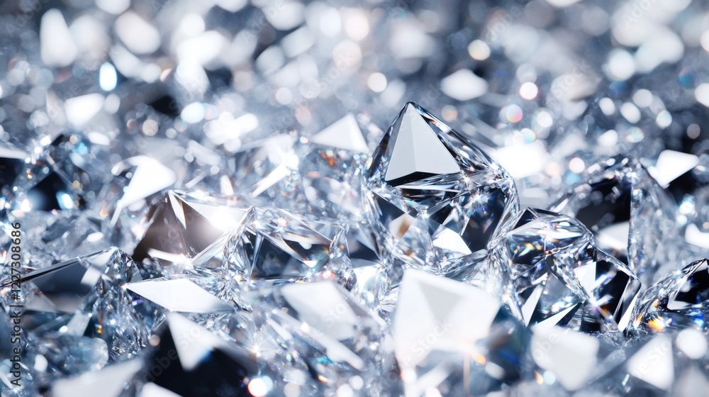 Poster numerous clear diamonds in various cuts and shapes are scattered across a shiny surface, reflecting 