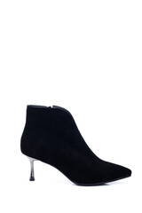 Black women's high-heeled ankle boots isolated on a white background. Women's classic, spring, autumn boots.
