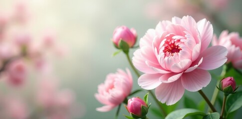 Obraz premium Soft pastel pink and white peonies blooming against a serene spring background, , soft