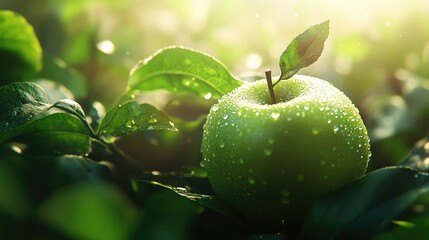 A close-up of a green apple with droplets of water, surrounded by fresh green leaves and bright natural light.