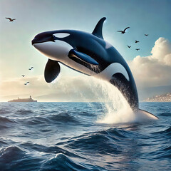 Fototapeta premium A majestic orca leaps out of the water against an impressive backdrop of waves