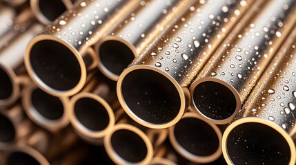 Gleaming Metal: A mesmerizing close-up of stacked, dew-kissed pipes. Industrial beauty.