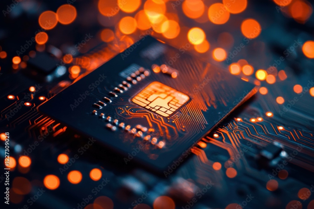 Poster close up of a microchip on a circuit board with glowing bokeh effect, symbolizing technology, innova
