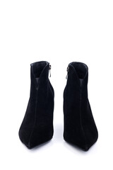 Black women's high-heeled ankle boots isolated on a white background. Women's classic, spring, autumn boots.
