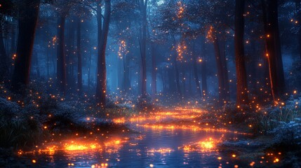 Enchanting Forest Scene with Glowing Fireflies and Sparkling River at Night