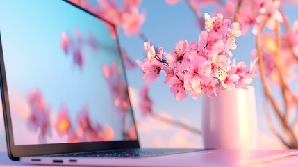 Serene Workspace with Laptop and Cherry Blossoms