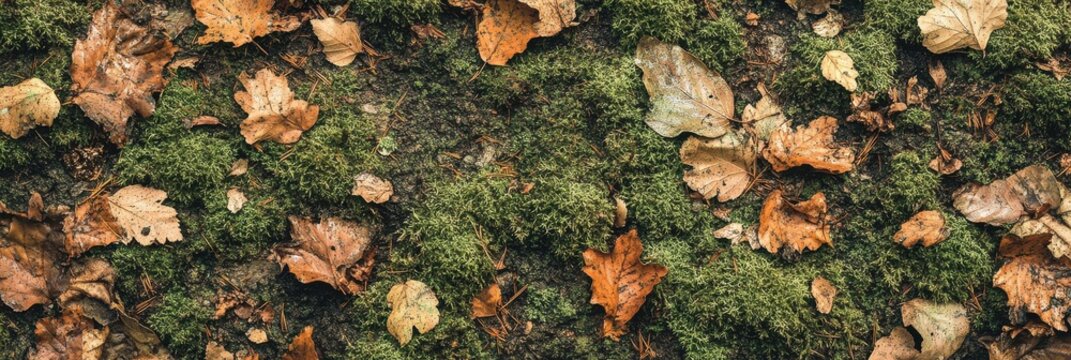 Autumn leaves on mossy forest ground capturing seasonal texture and color
