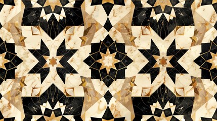 Fototapeta premium A geometric pattern featuring black stars with gold accents, set against a background of white and gold marble.