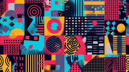 Obraz premium A colorful, abstract geometric pattern with squares, circles, stripes, and dots.