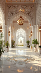 Obraz premium Elegant 3D-rendered Islamic palace interior with intricate white arches, golden lanterns, and lush greenery, leading to a grand mosque in the distance, exuding peace and luxury