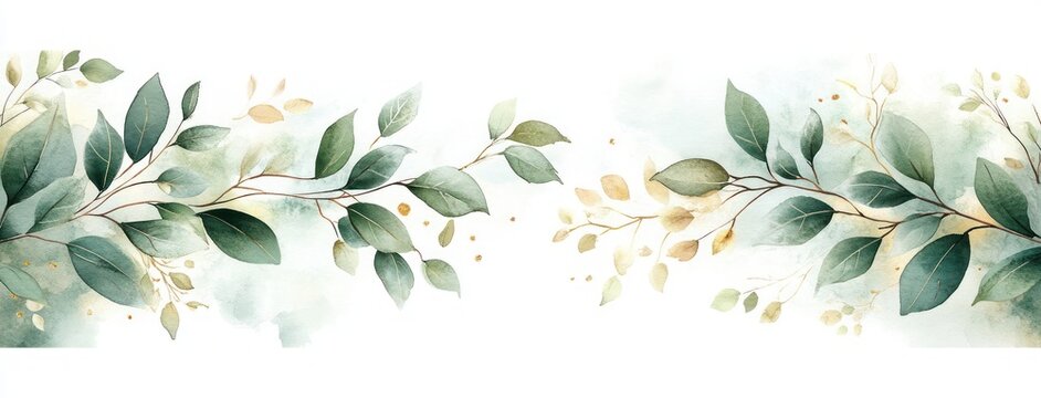 Watercolor Leafy Branches Eucalyptus Spring Border Decorative Floral Design for Card Invites and Wedding Background