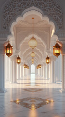 Elegant 3D-rendered white corridor with golden lanterns and intricate Islamic architecture. Luxurious arched design, perfect for Eid Mubarak and Ramadan-themed visuals