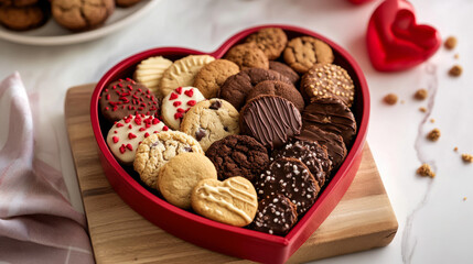 Heart-shaped cookie box filled with assorted treats on a light surface for a sweet celebration