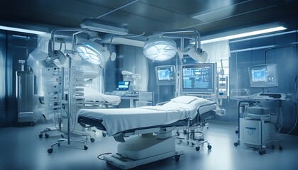 A high-tech operating room equipped with advanced medical devices, bright surgical lights, and monitoring screens for precision healthcare.